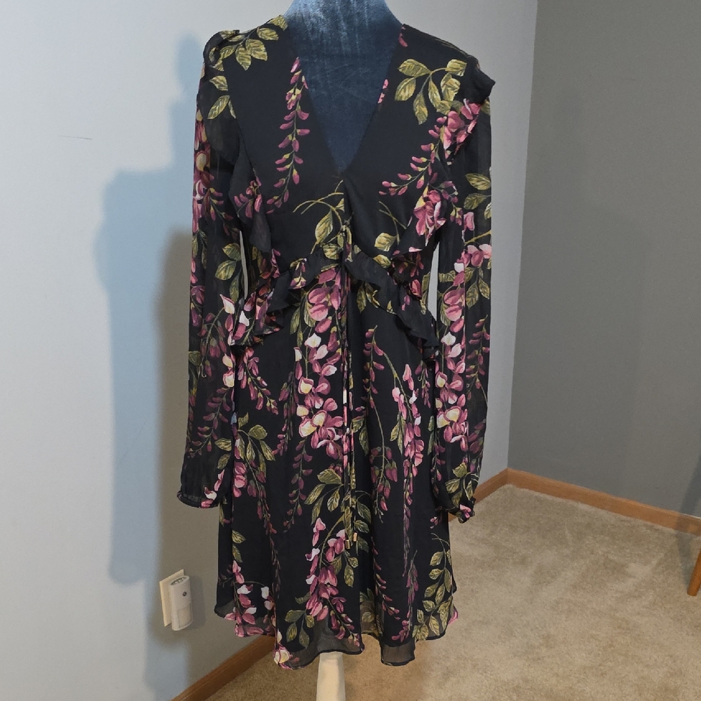 Kensie Black Dress with Pink and Green Floral Design‎